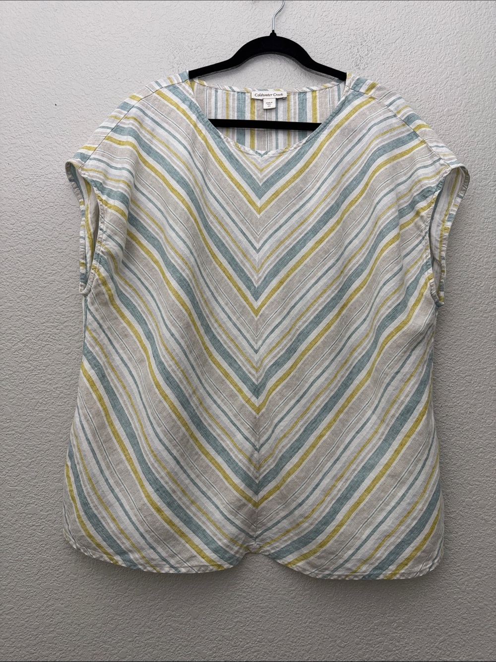 Coldwater Creek 100% Linen Chevron Striped Short Sleeve Top Size 2X Boxy Coastal